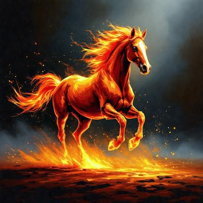 Primary subject: A horse with orange hair and a white face, running through a fire.

Setting/background: The horse is running through a fire, with flames surrounding it.

Visual style: The image is a digital art or illustration.

Colors and mood: The dominant colors are orange and red, with a fiery atmosphere.